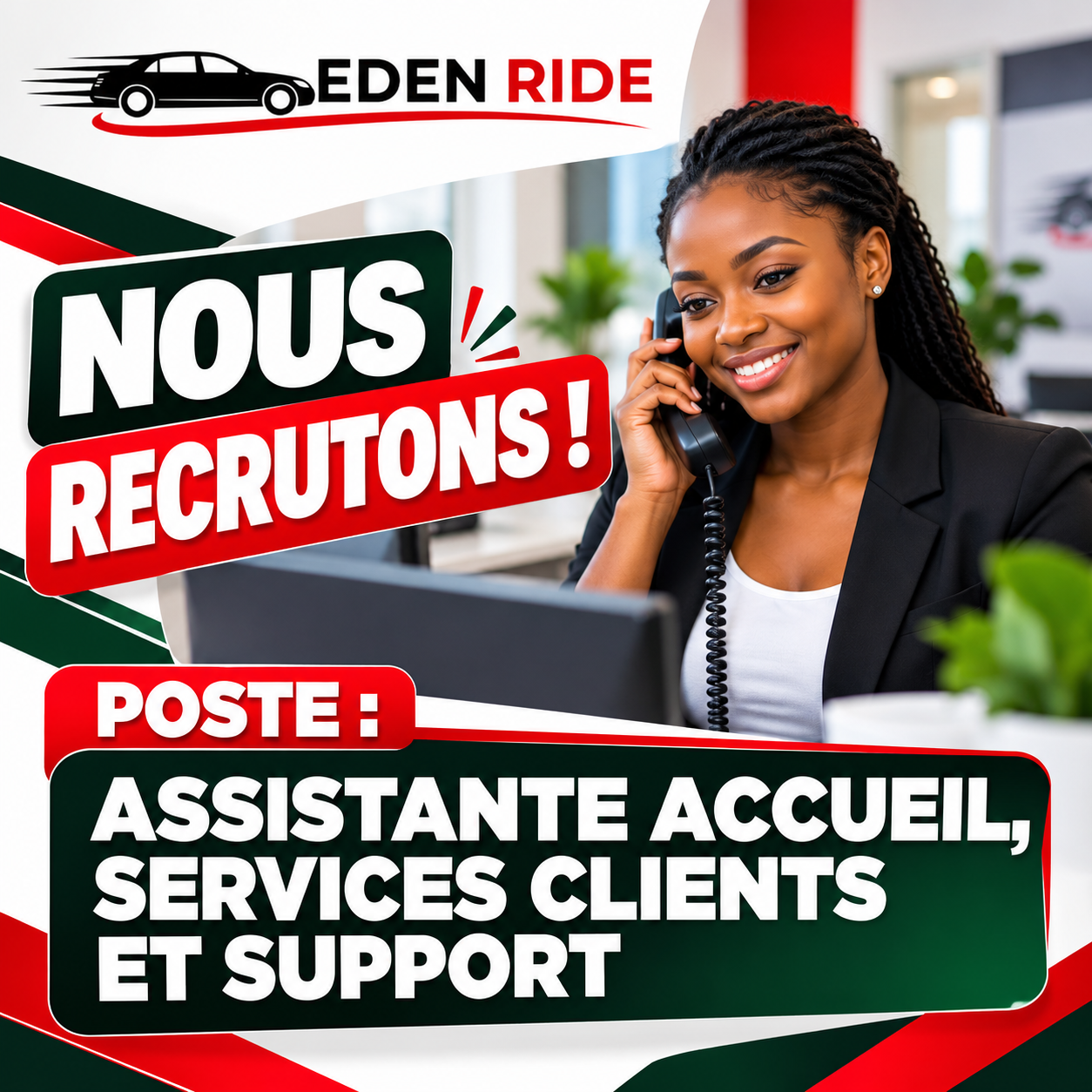 Affiche Eden Ride — poste d'Assistante Accueil, Services Clients et Support